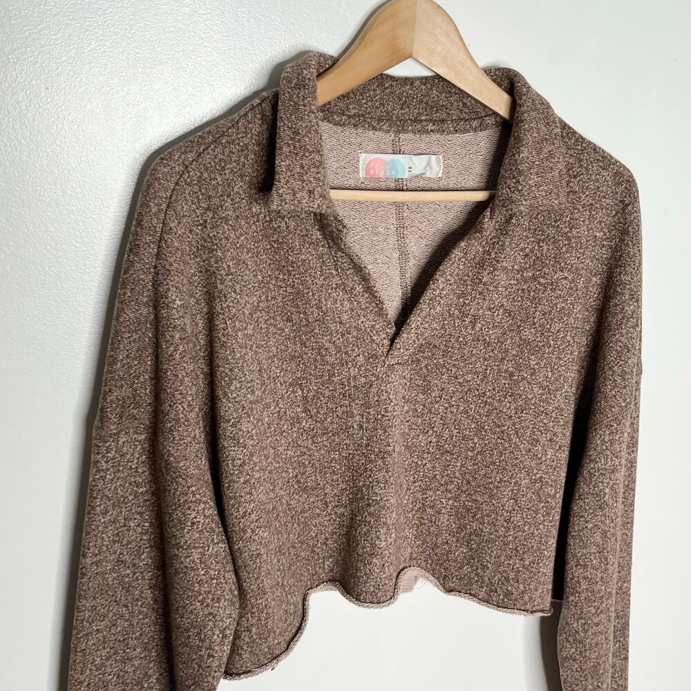 Free People Beach Long Sleeve Cropped Pullover Sweatshirt Womens M Brown V Neck - Picture 4 of 10